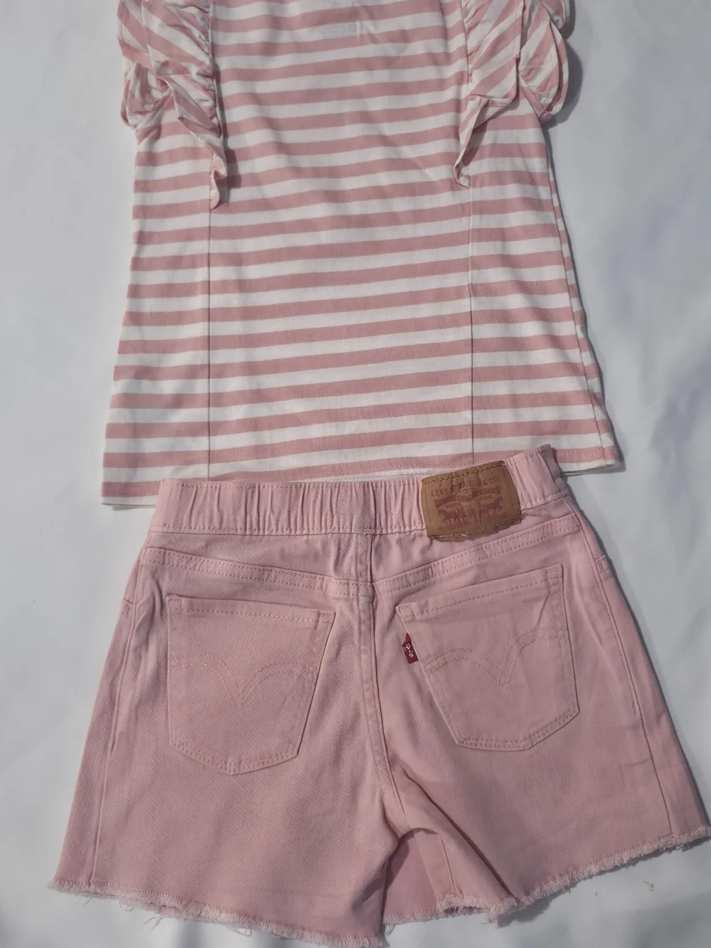 Girls Levi’s Pink Striped Ruffle Top & Pink Skirt Outfit.